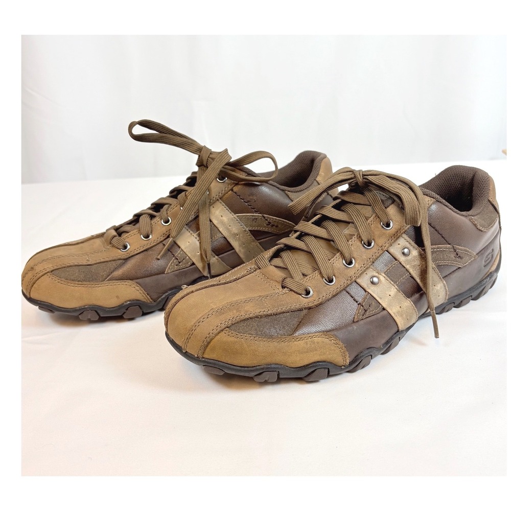 Vtg Y2K Skechers Relaxed Step Men 10.5 Brown Leather Striped Sneakers 62018